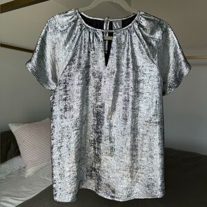 Worthington Metallic Silver Flutter-Sleeve Top Size M Disco Blouse
